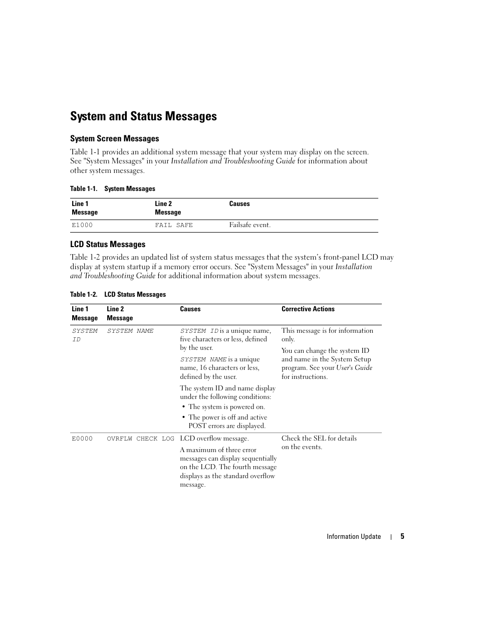 System and status messages, System screen messages, Lcd status messages | Dell PowerEdge 6850 User Manual | Page 7 / 116