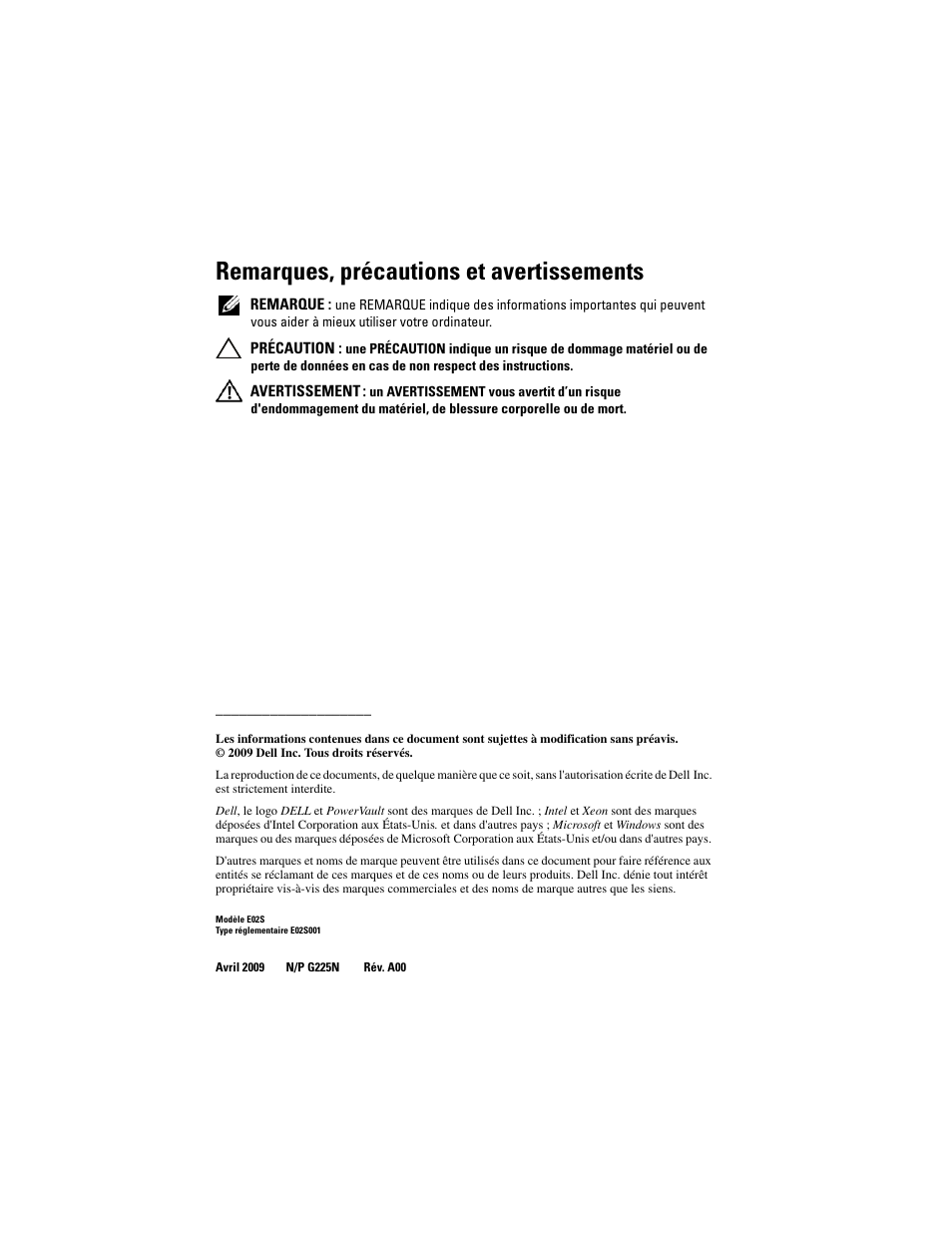Remarques, précautions et avertissements | Dell PowerVault NX3000 User Manual | Page 16 / 52