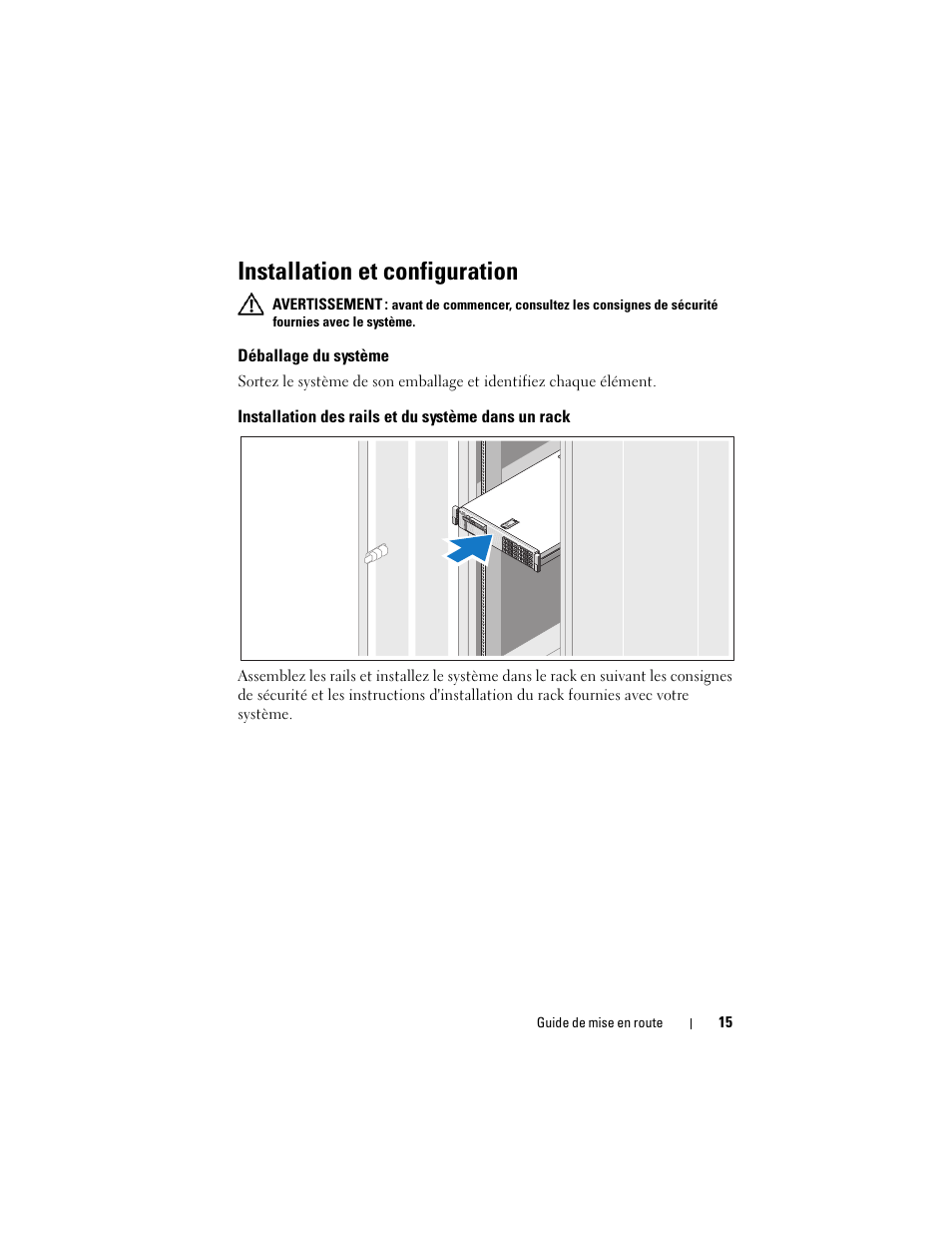 Installation et configuration, Déballage du système, Installation des rails et du système dans un rack | Dell PowerVault NX3000 User Manual | Page 17 / 52