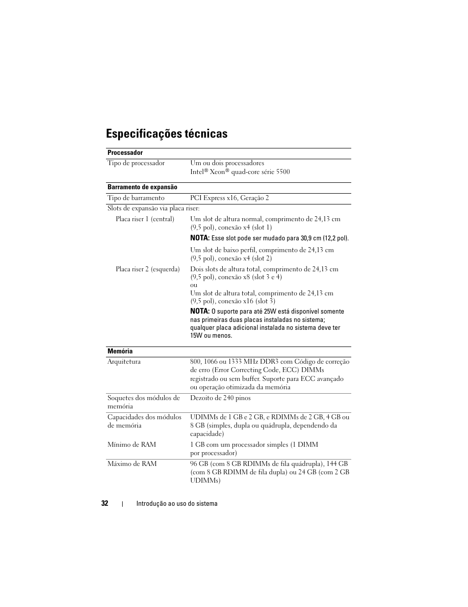 Especificações técnicas | Dell PowerVault NX3000 User Manual | Page 34 / 52