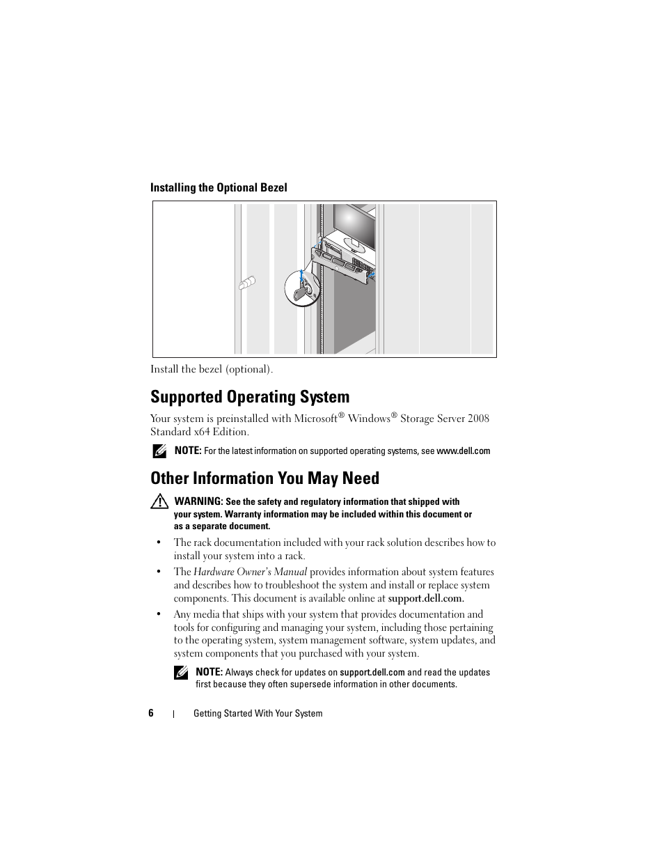 Installing the optional bezel, Supported operating system, Other information you may need | Dell PowerVault NX3000 User Manual | Page 8 / 52