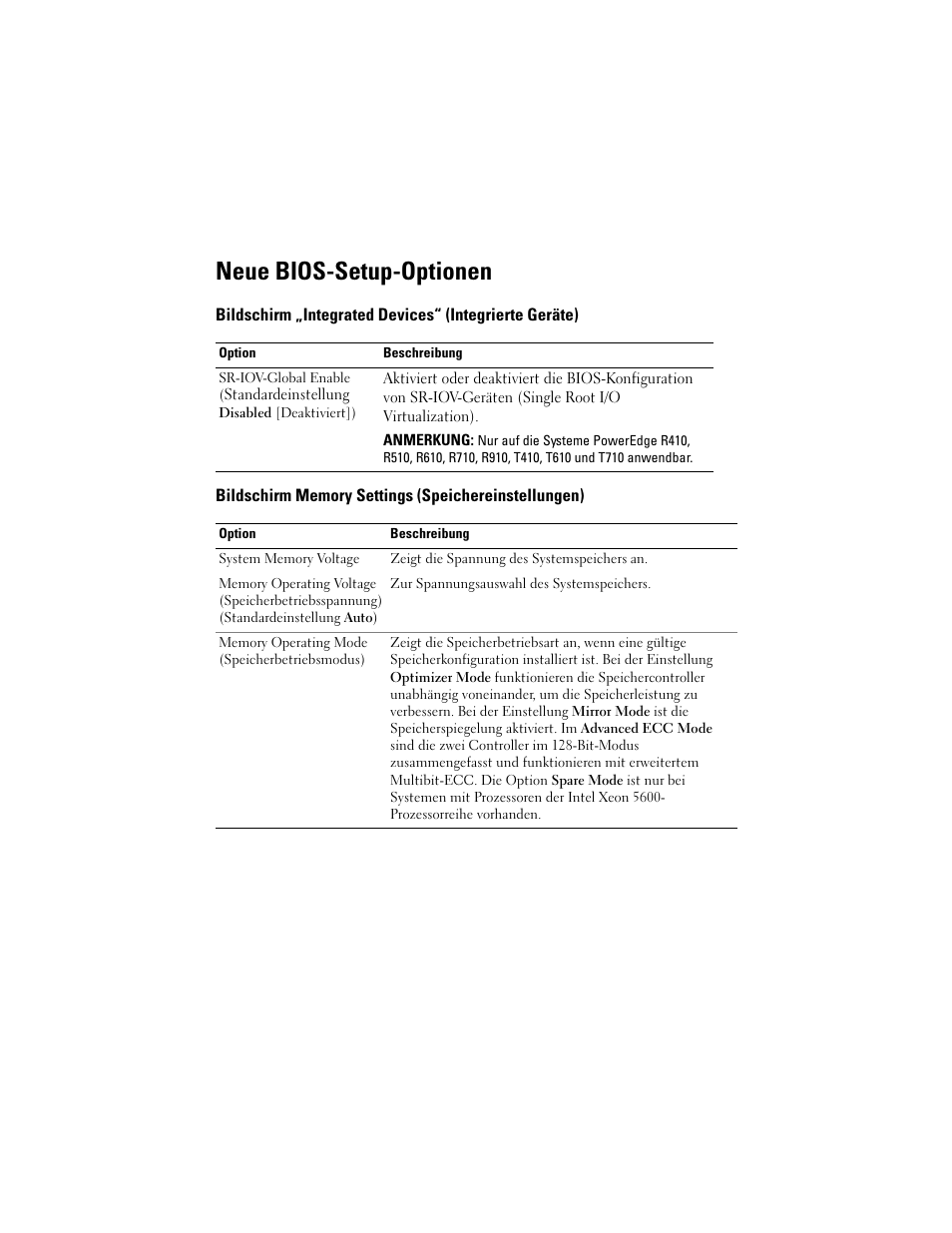 Neue bios-setup-optionen, Bildschirm memory settings (speichereinstellungen) | Dell PowerEdge T710 User Manual | Page 19 / 38