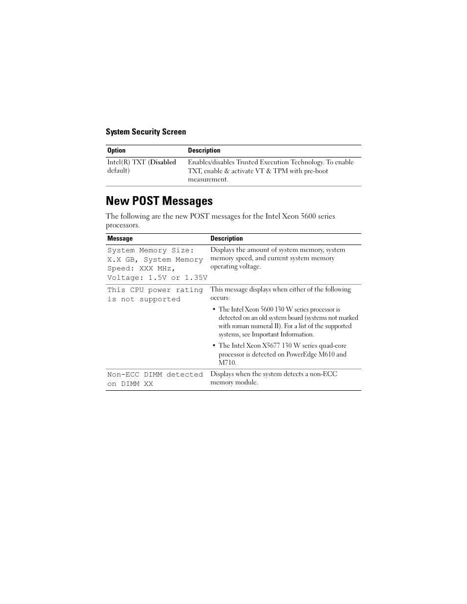 System security screen, New post messages | Dell PowerEdge T710 User Manual | Page 4 / 38