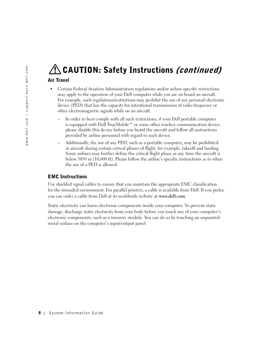 Air travel, Emc instructions, Caution: safety instructions (continued) | Dell Latitude D500 User Manual | Page 10 / 198