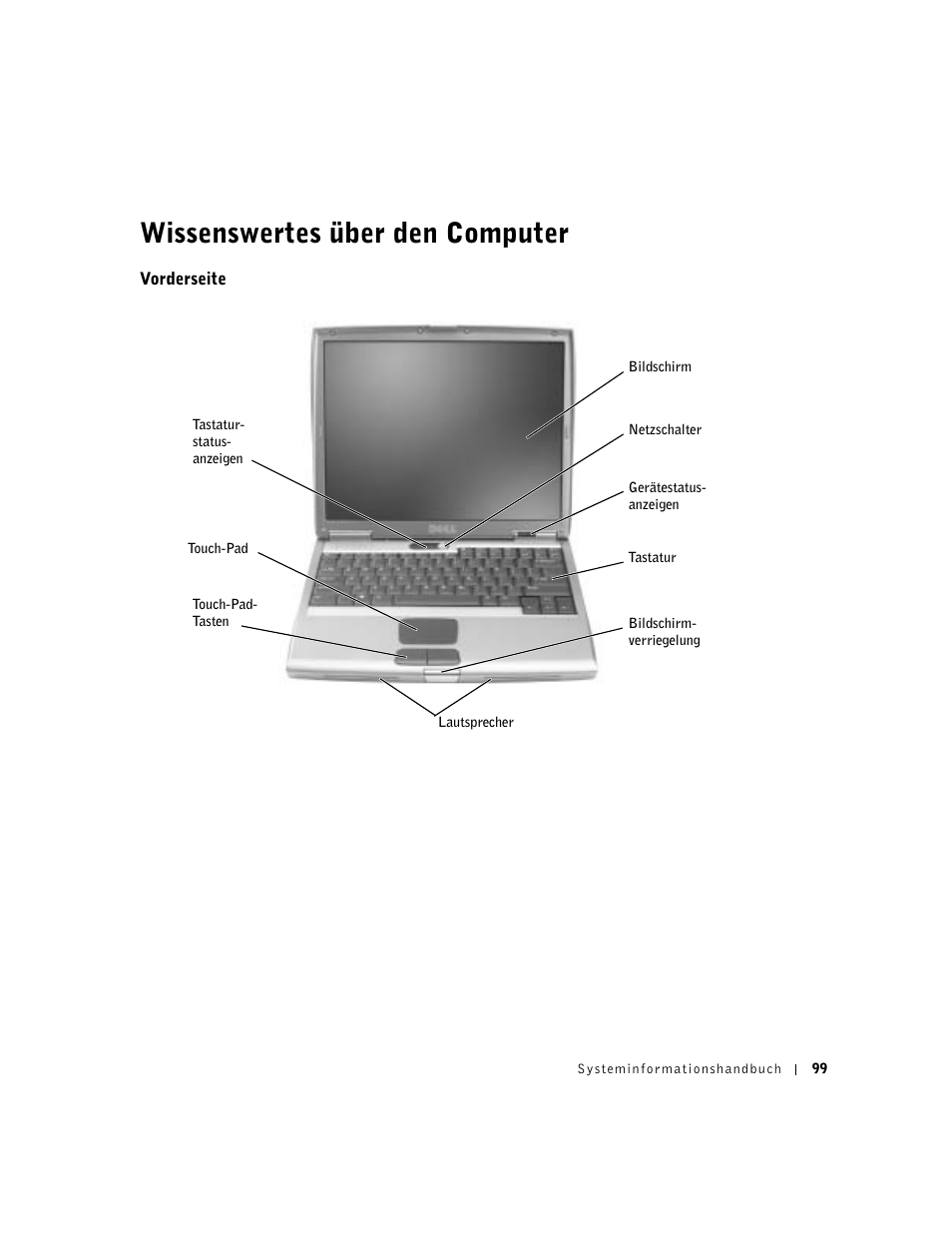 Vorderseite, Wissenswertes über den computer | Dell Latitude D500 User Manual | Page 101 / 198