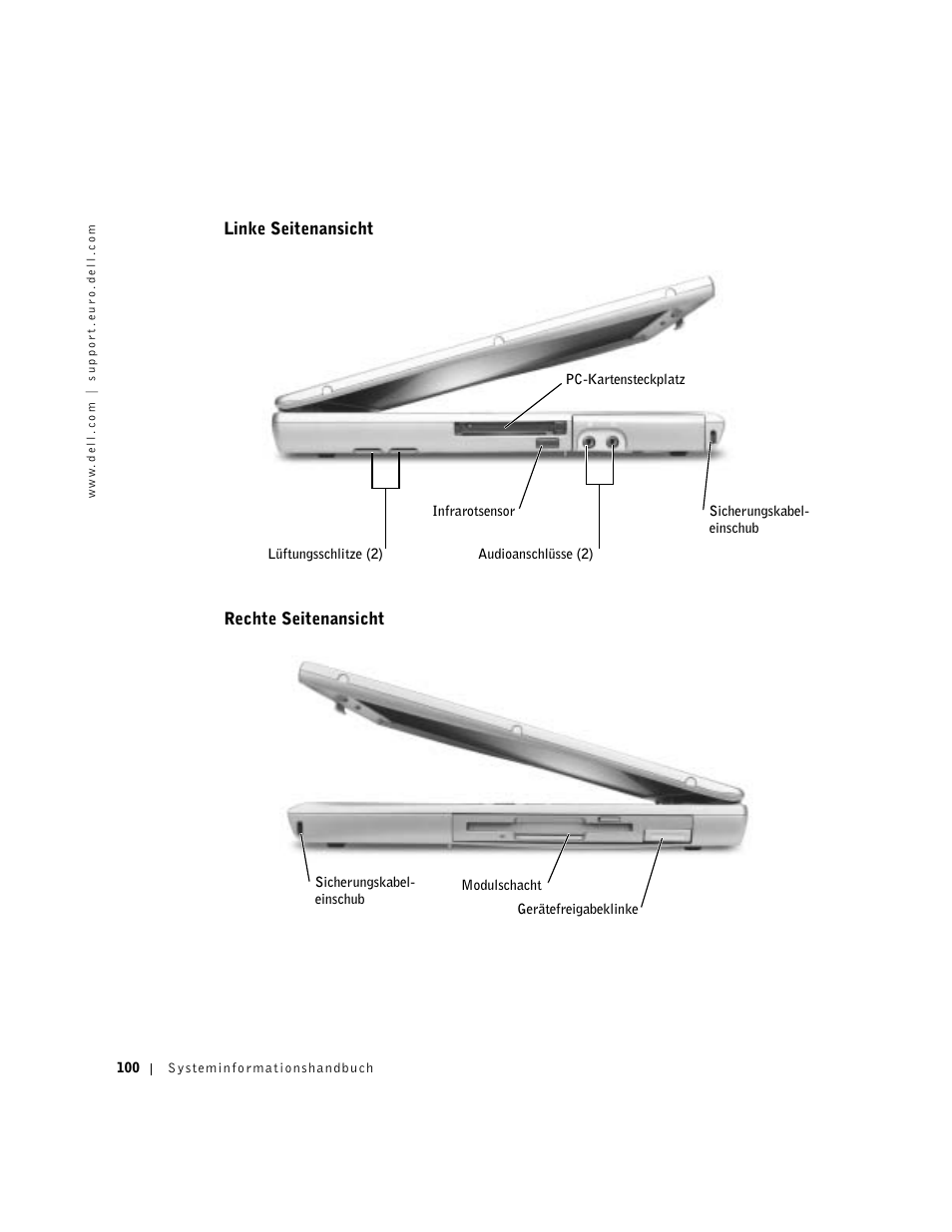 Linke seitenansicht, Rechte seitenansicht | Dell Latitude D500 User Manual | Page 102 / 198