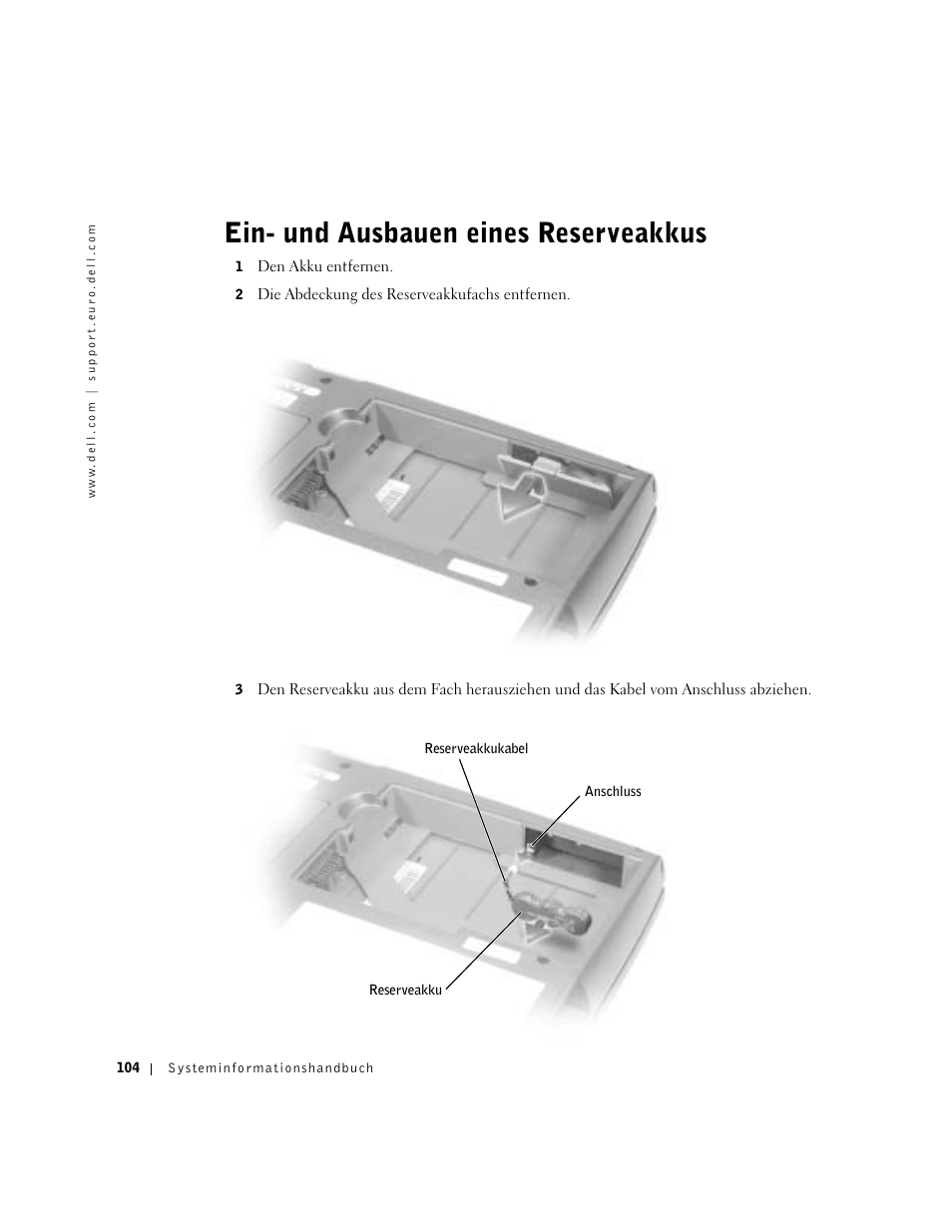 Ein- und ausbauen eines reserveakkus | Dell Latitude D500 User Manual | Page 106 / 198