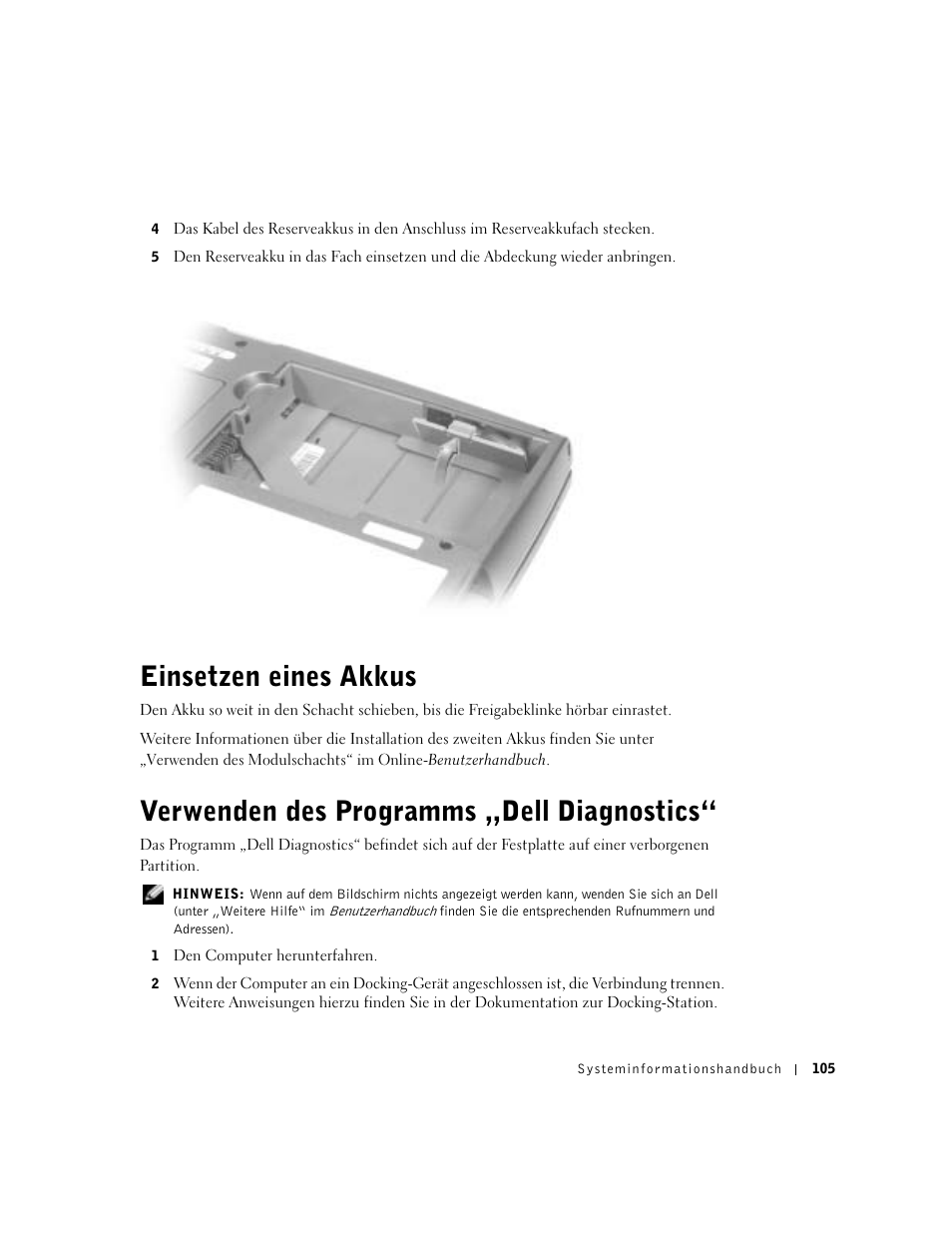 Einsetzen eines akkus, Verwenden des programms „dell diagnostics | Dell Latitude D500 User Manual | Page 107 / 198