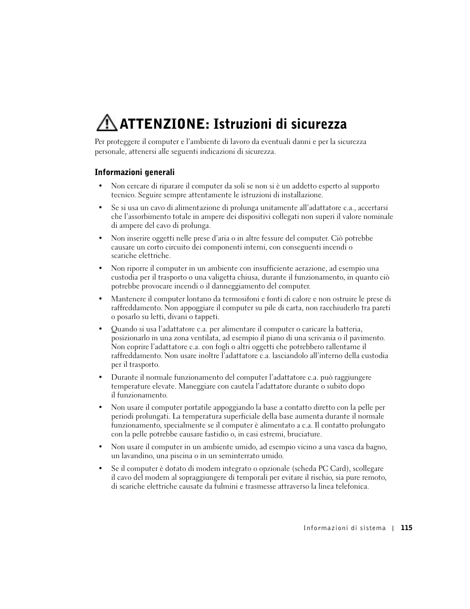 Attenzione: istruzioni di sicurezza, Informazioni generali | Dell Latitude D500 User Manual | Page 117 / 198