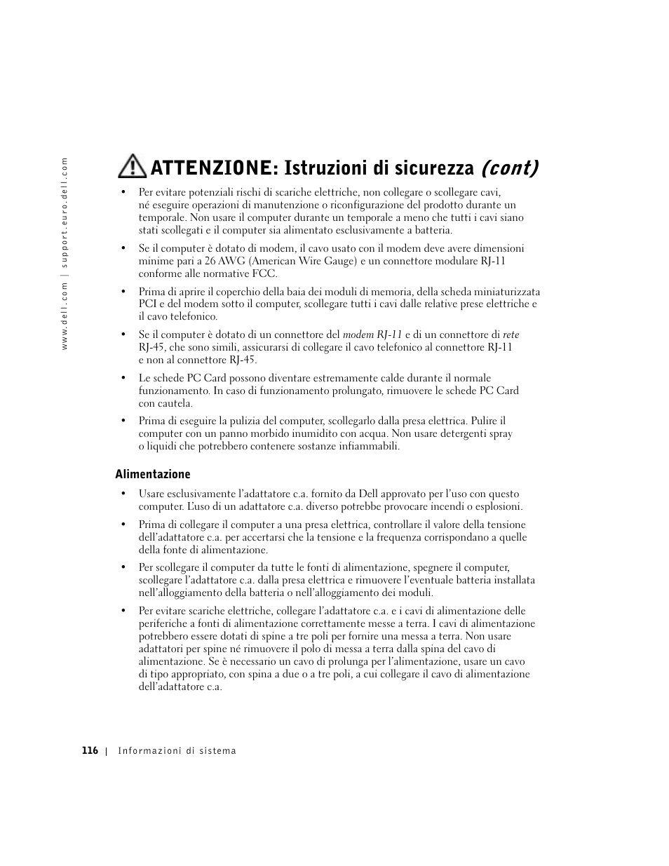 Alimentazione, Attenzione: istruzioni di sicurezza (cont) | Dell Latitude D500 User Manual | Page 118 / 198