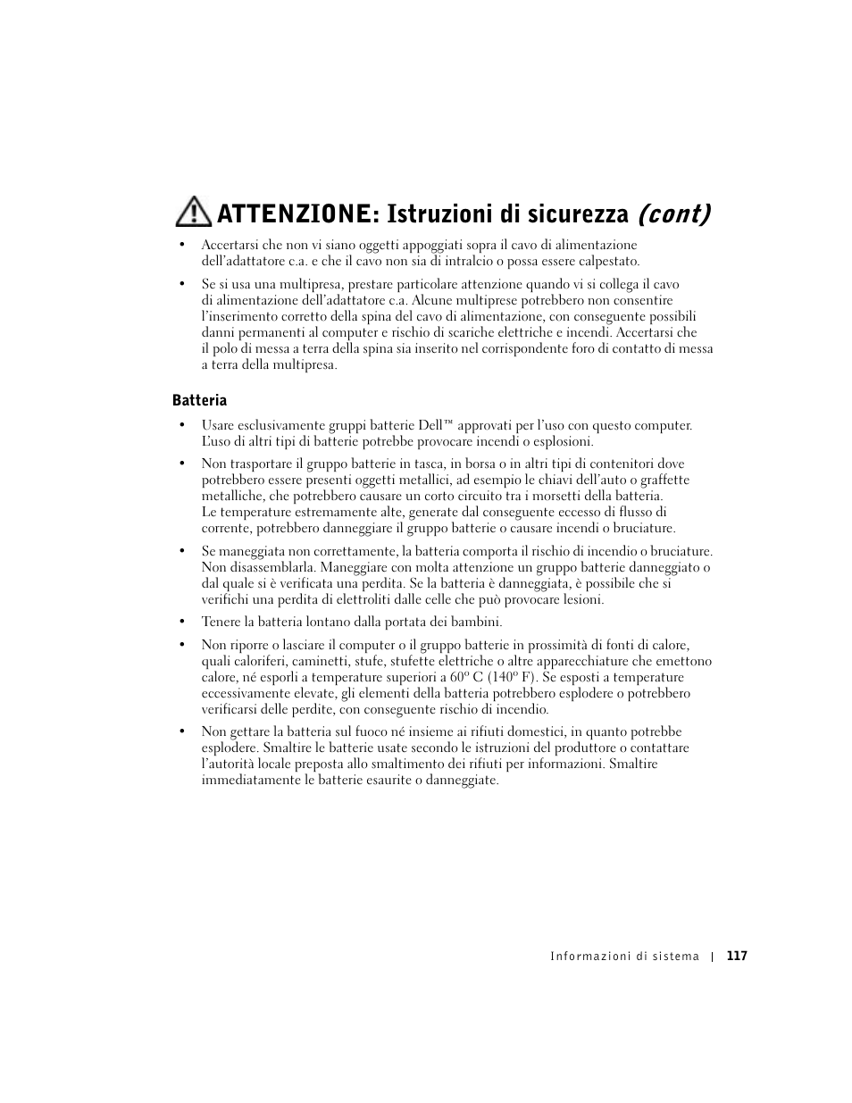 Batteria, Attenzione: istruzioni di sicurezza (cont) | Dell Latitude D500 User Manual | Page 119 / 198