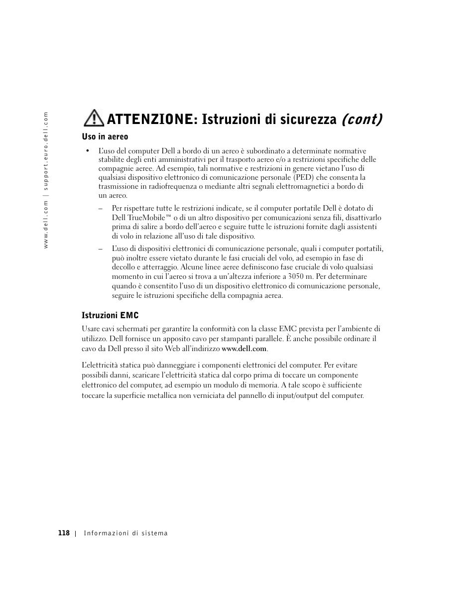 Uso in aereo, Istruzioni emc, Attenzione: istruzioni di sicurezza (cont) | Dell Latitude D500 User Manual | Page 120 / 198