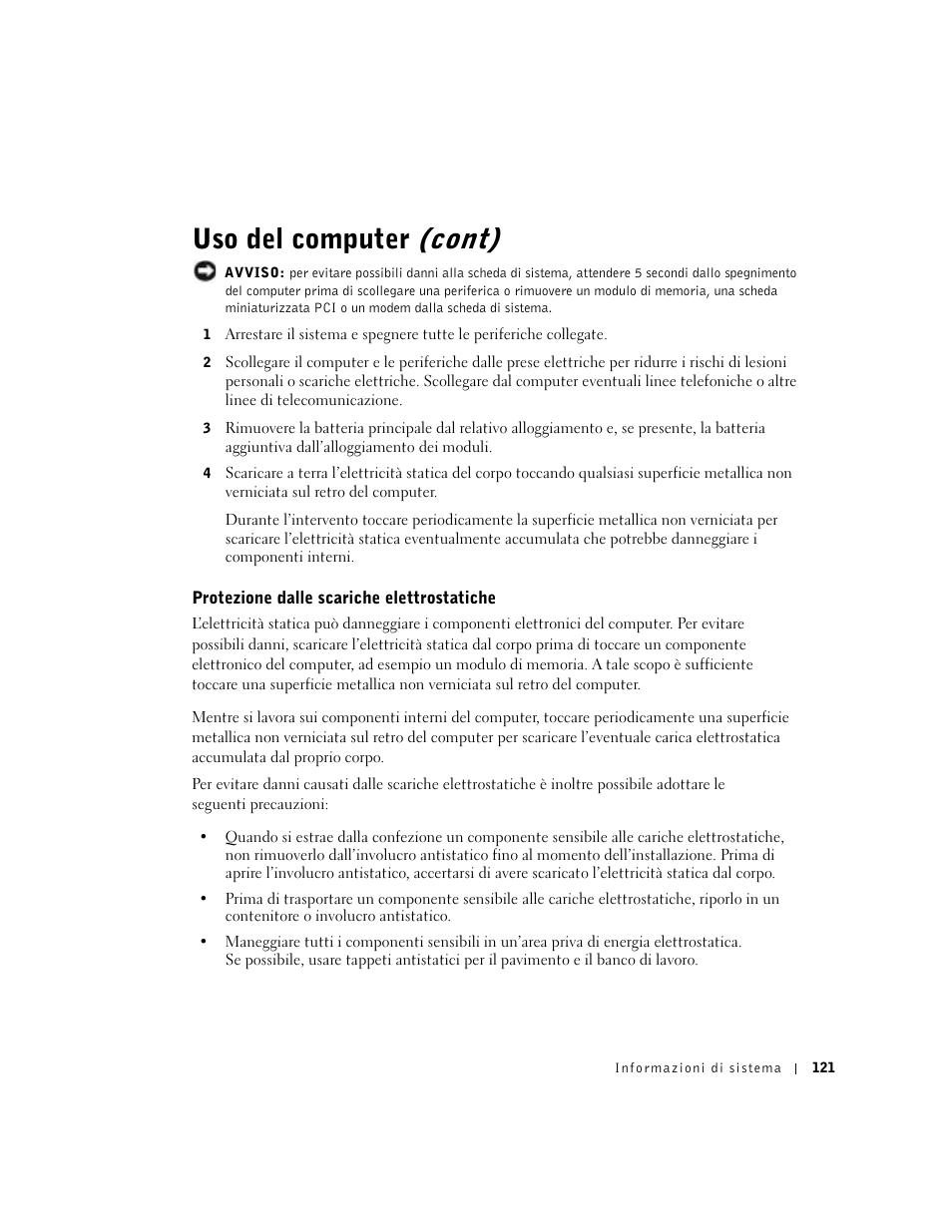 Protezione dalle scariche elettrostatiche, Uso del computer (cont) | Dell Latitude D500 User Manual | Page 123 / 198