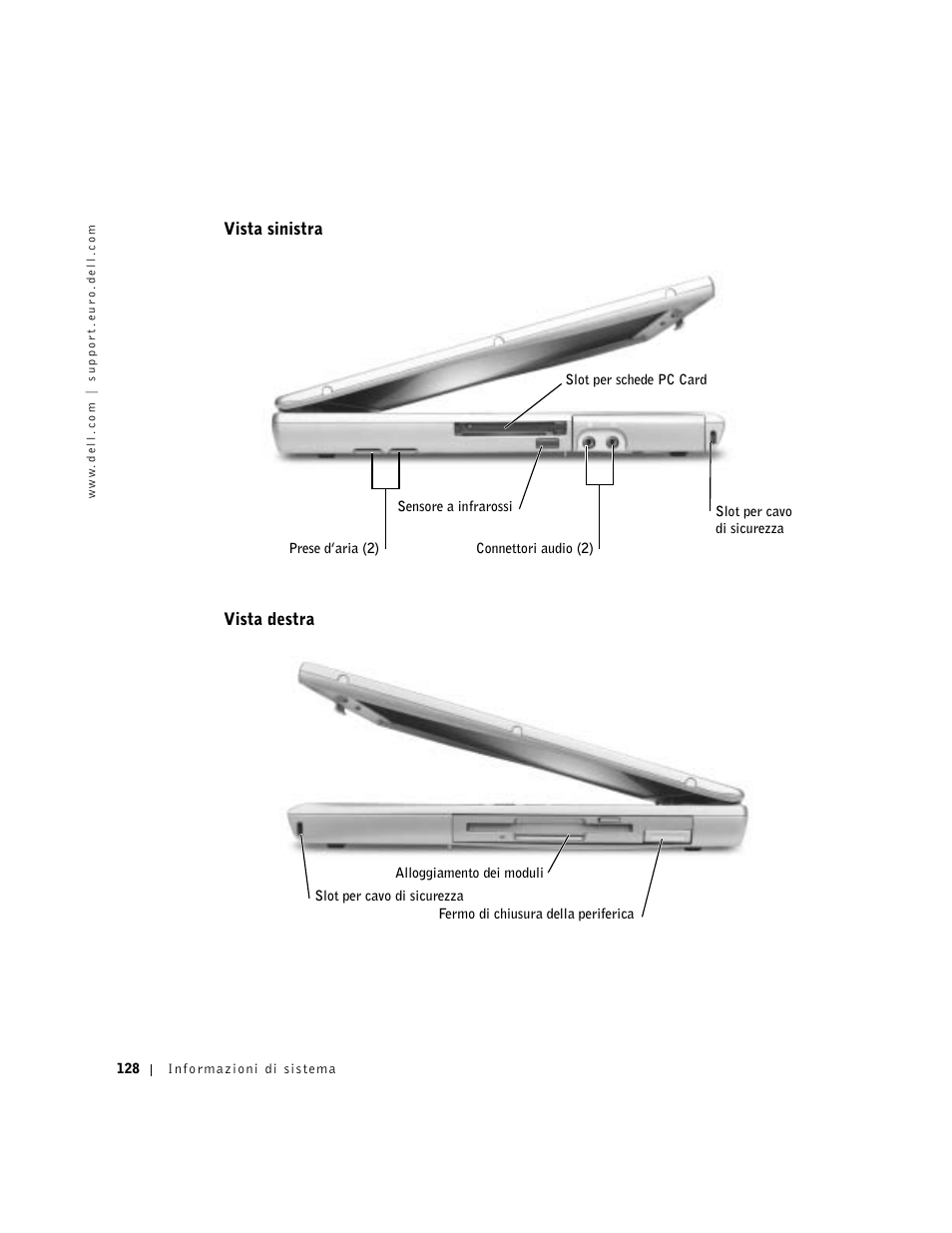 Vista sinistra, Vista destra | Dell Latitude D500 User Manual | Page 130 / 198