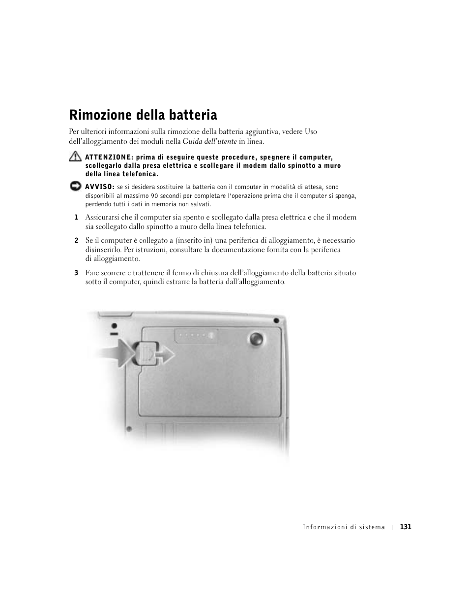 Rimozione della batteria | Dell Latitude D500 User Manual | Page 133 / 198