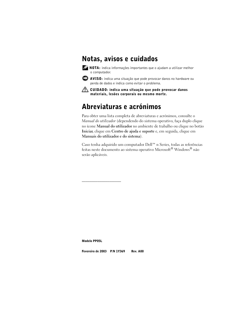 Notas, avisos e cuidados, Abreviaturas e acrónimos | Dell Latitude D500 User Manual | Page 142 / 198