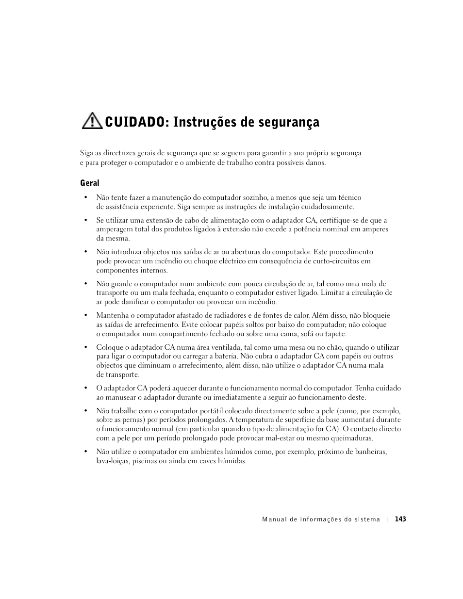 Cuidado: instruções de segurança, Geral | Dell Latitude D500 User Manual | Page 145 / 198