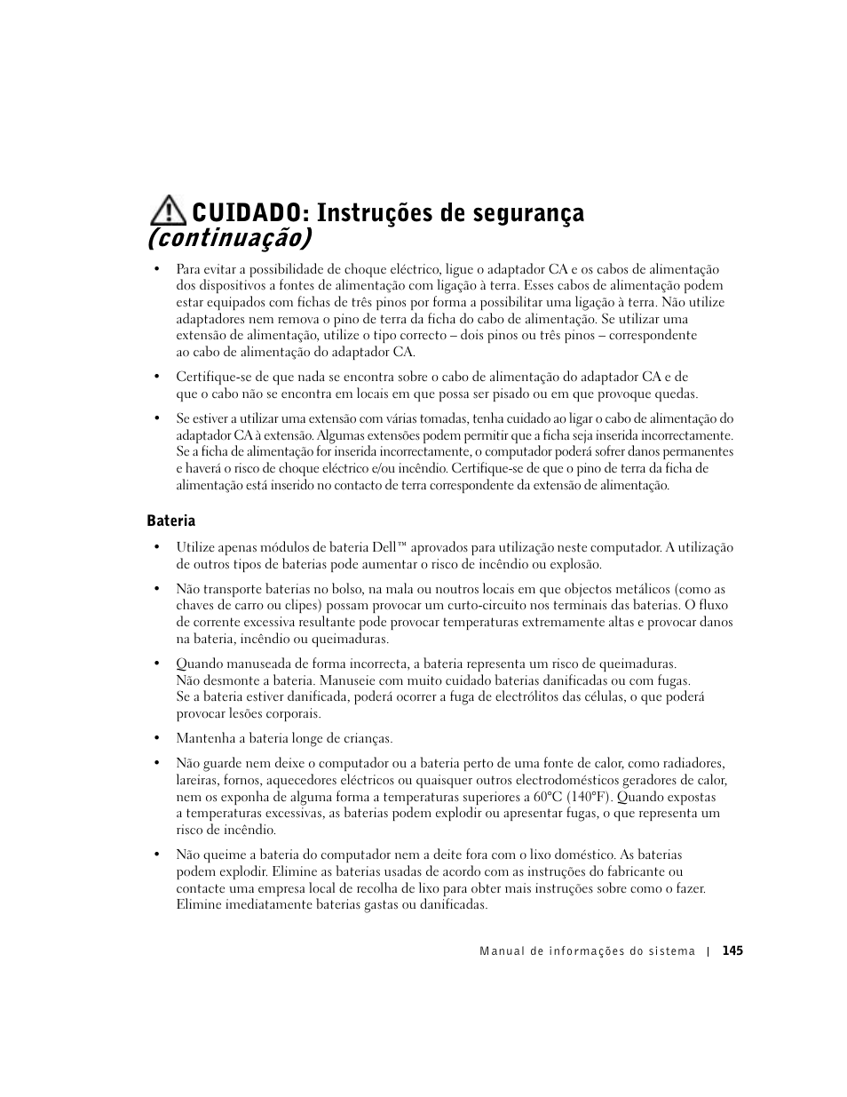 Bateria, Cuidado: instruções de segurança (continuação) | Dell Latitude D500 User Manual | Page 147 / 198