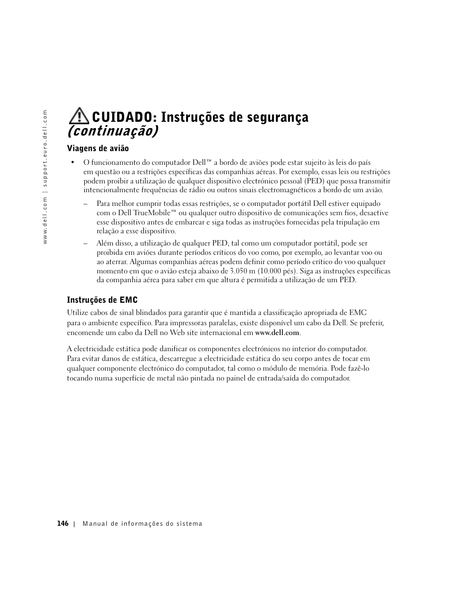 Viagens de avião, Instruções de emc, Cuidado: instruções de segurança (continuação) | Dell Latitude D500 User Manual | Page 148 / 198