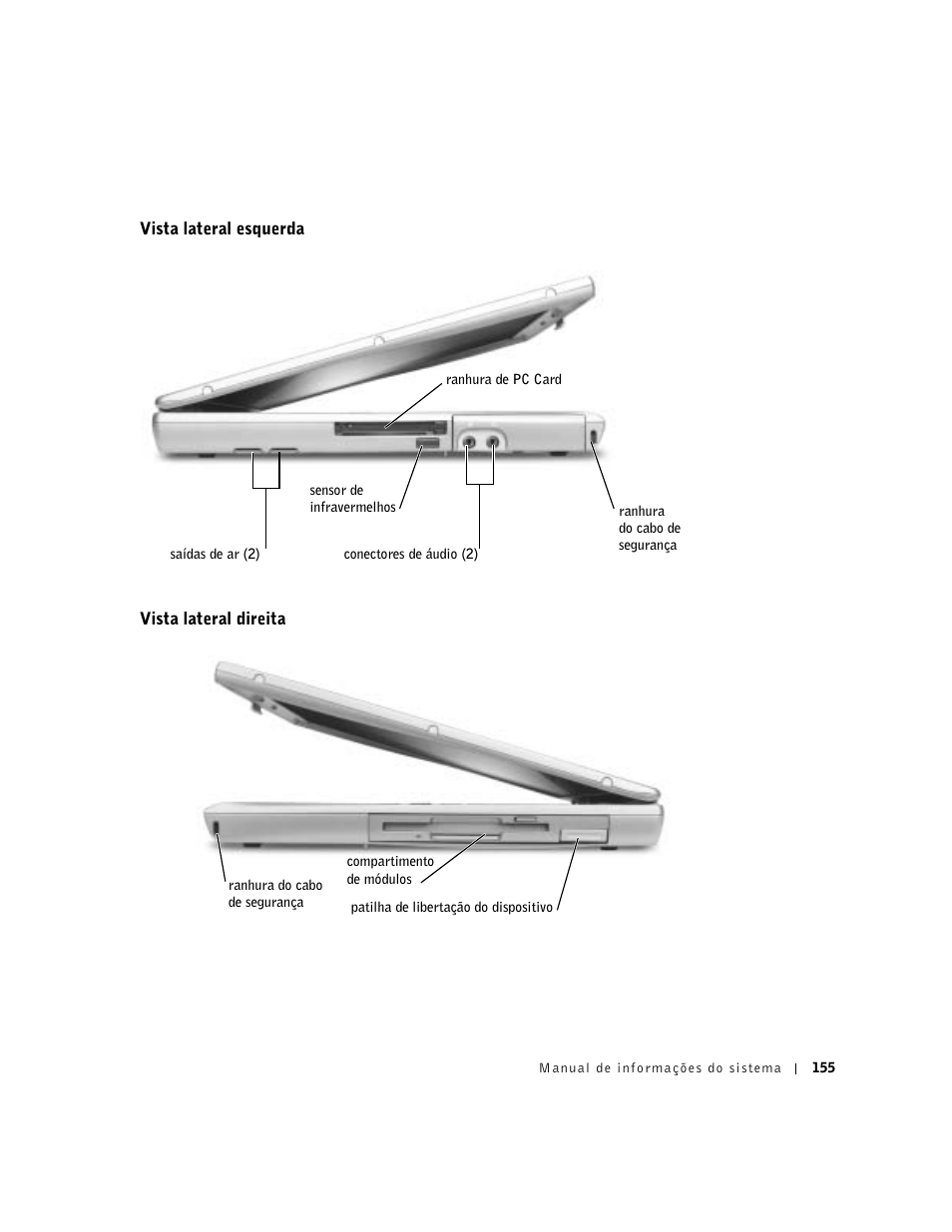 Vista lateral esquerda, Vista lateral direita | Dell Latitude D500 User Manual | Page 157 / 198