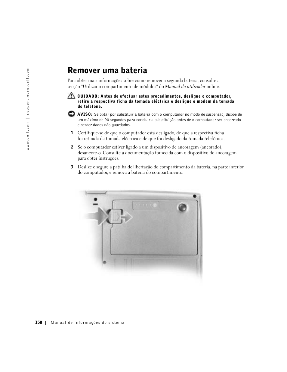 Remover uma bateria | Dell Latitude D500 User Manual | Page 160 / 198