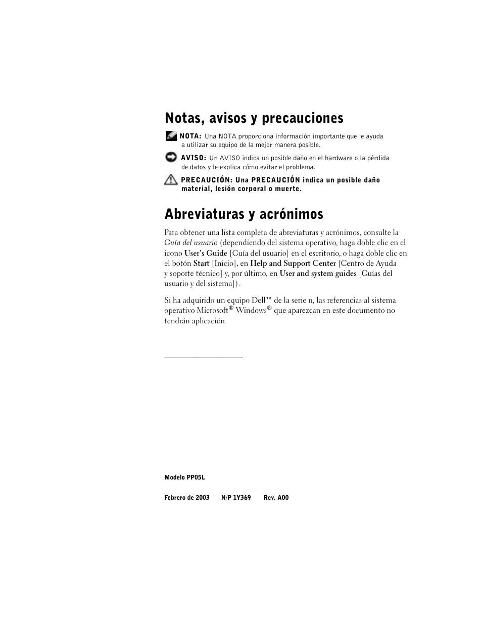 Notas, avisos y precauciones, Abreviaturas y acrónimos | Dell Latitude D500 User Manual | Page 170 / 198