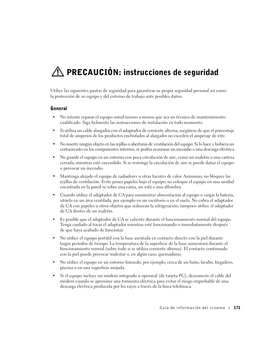 Precaución: instrucciones de seguridad, General | Dell Latitude D500 User Manual | Page 173 / 198