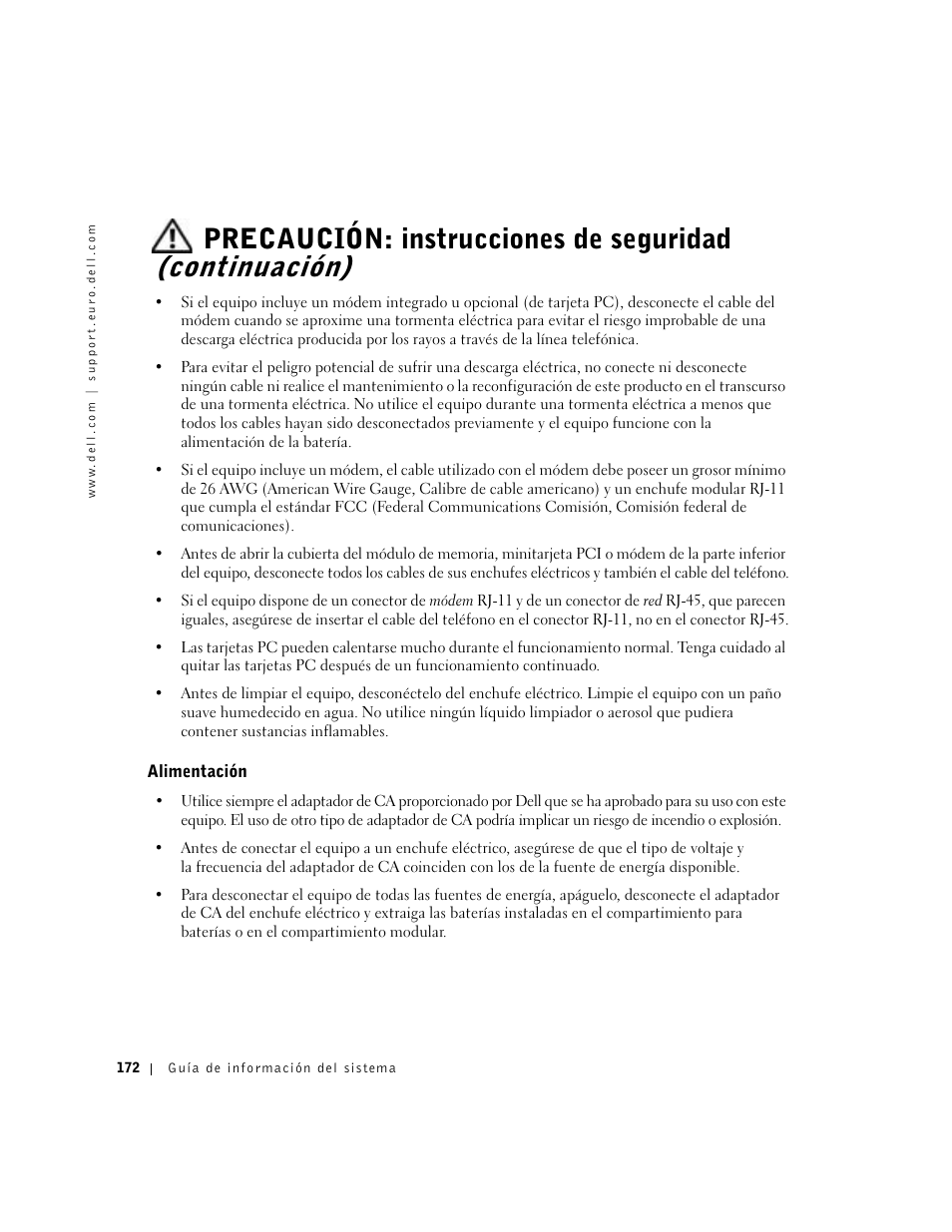 Alimentación | Dell Latitude D500 User Manual | Page 174 / 198