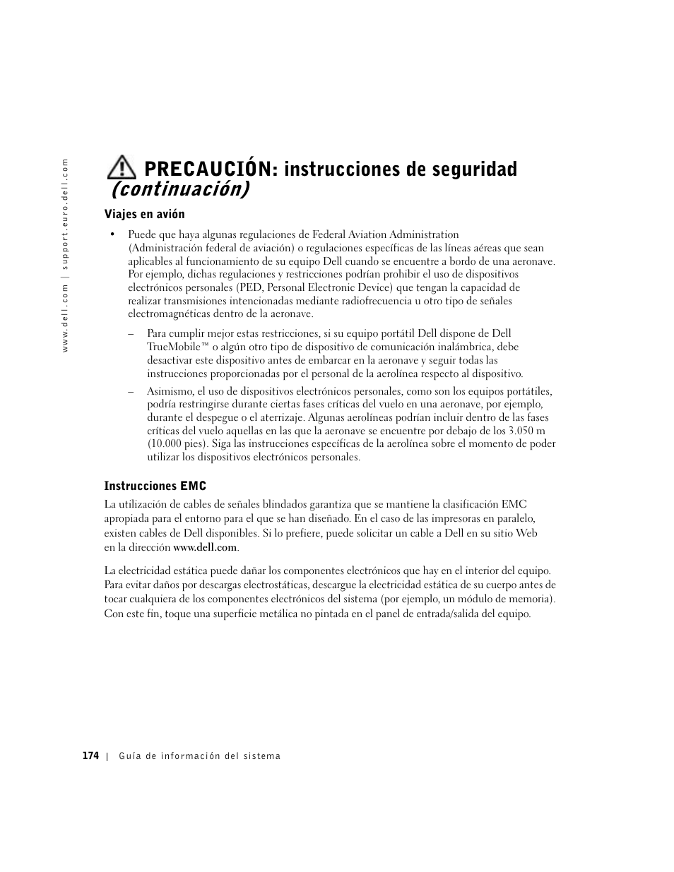 Viajes en avión, Instrucciones emc | Dell Latitude D500 User Manual | Page 176 / 198