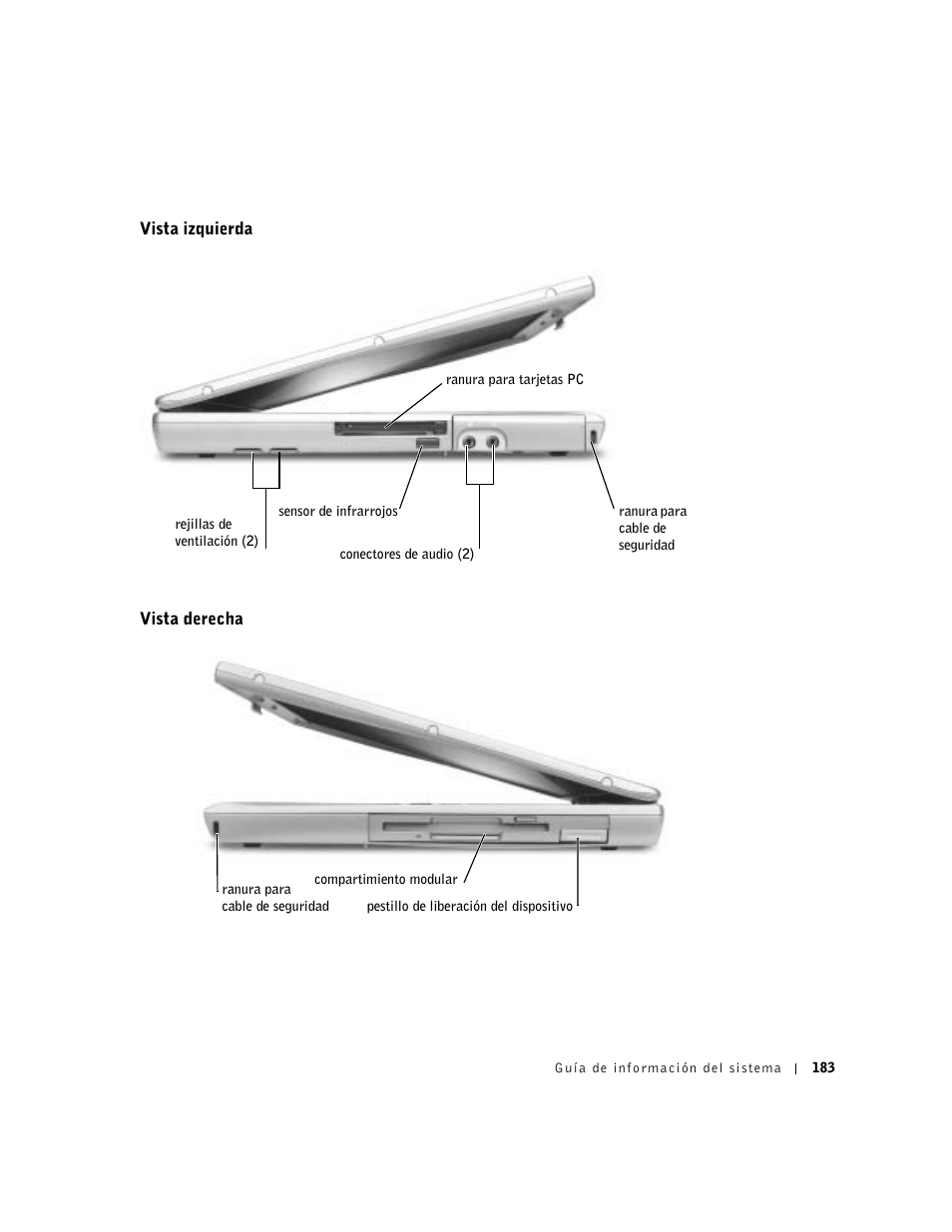 Vista izquierda, Vista derecha | Dell Latitude D500 User Manual | Page 185 / 198