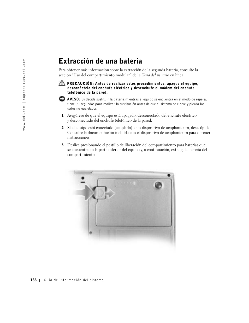 Extracción de una batería | Dell Latitude D500 User Manual | Page 188 / 198