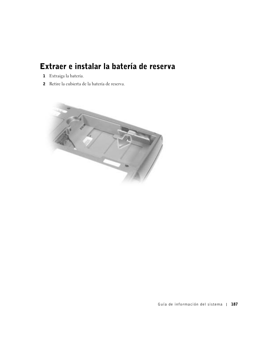 Extraer e instalar la batería de reserva | Dell Latitude D500 User Manual | Page 189 / 198