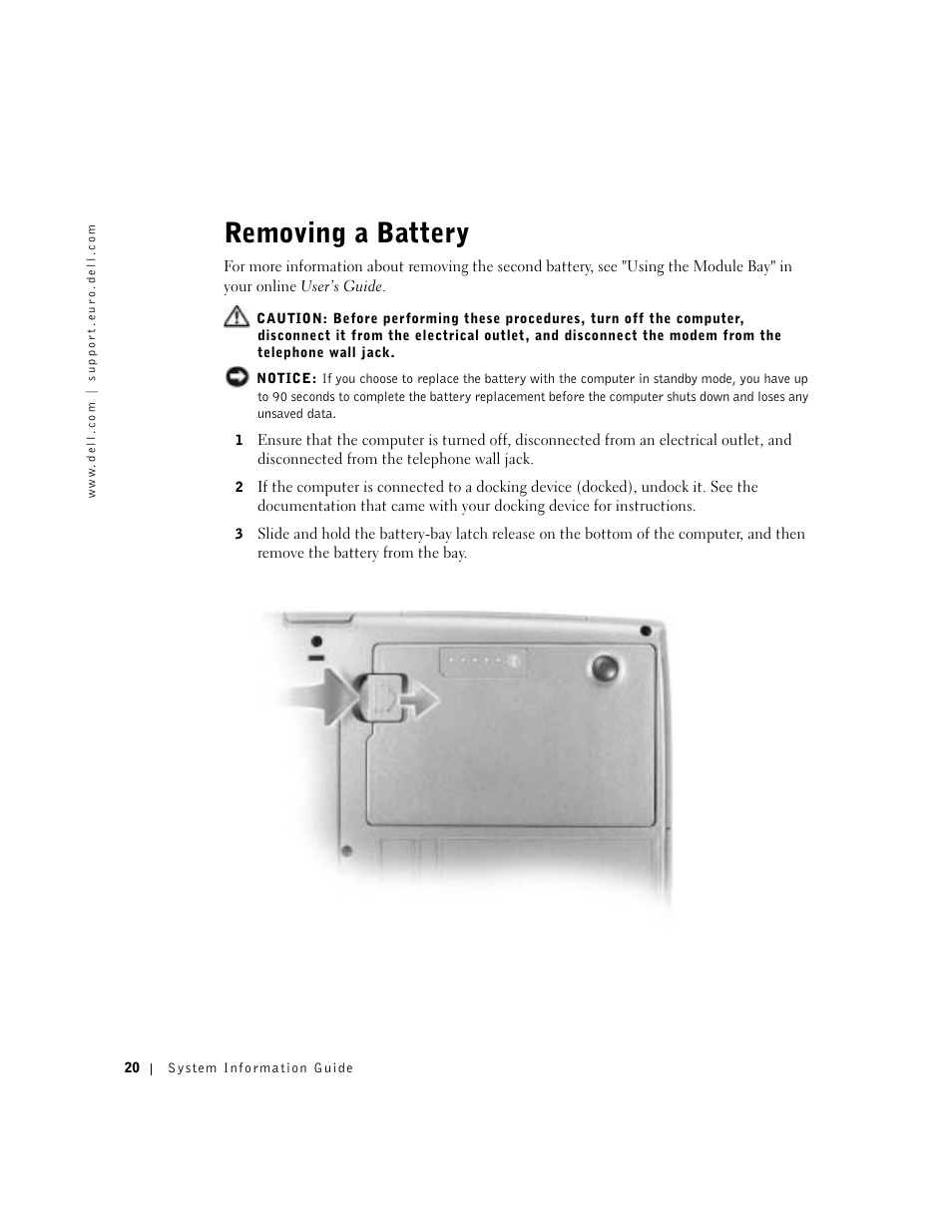 Removing a battery | Dell Latitude D500 User Manual | Page 22 / 198