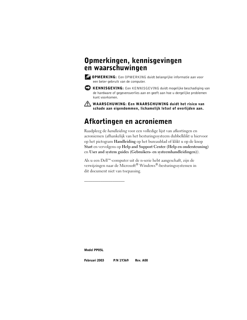 Opmerkingen, kennisgevingen en waarschuwingen, Afkortingen en acroniemen | Dell Latitude D500 User Manual | Page 30 / 198