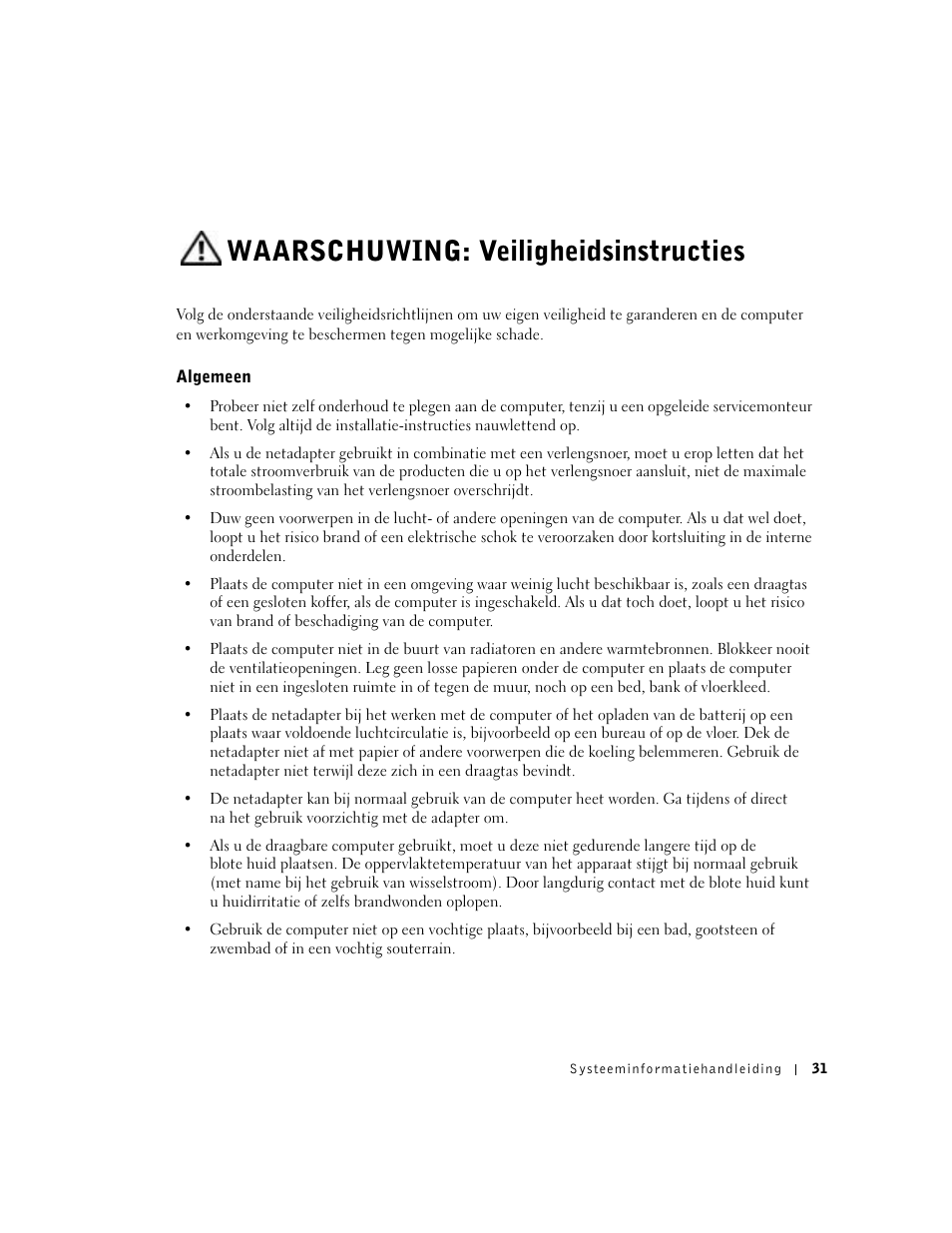 Waarschuwing: veiligheidsinstructies, Algemeen | Dell Latitude D500 User Manual | Page 33 / 198