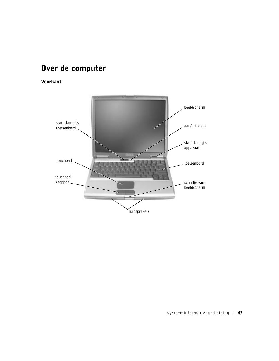 Voorkant, Over de computer | Dell Latitude D500 User Manual | Page 45 / 198