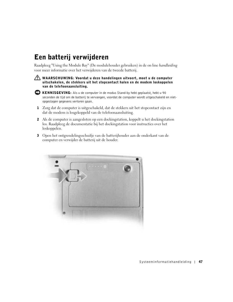 Een batterij verwijderen | Dell Latitude D500 User Manual | Page 49 / 198