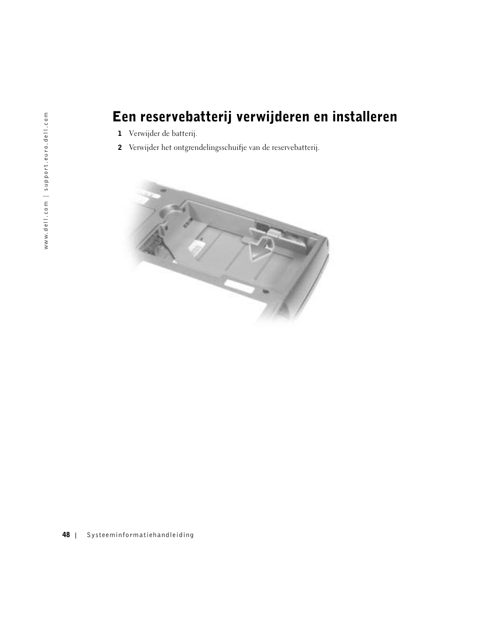 Een reservebatterij verwijderen en installeren | Dell Latitude D500 User Manual | Page 50 / 198