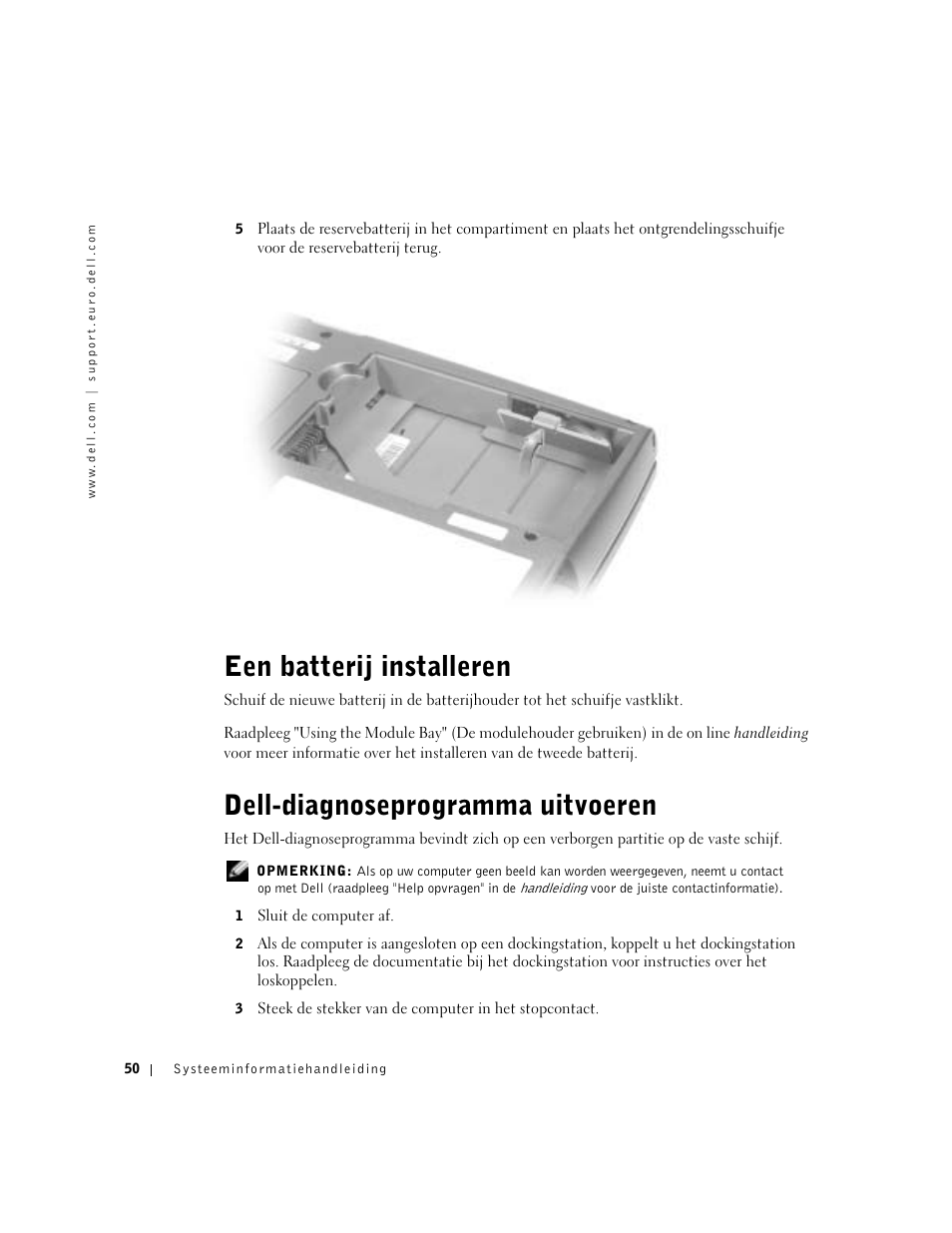 Een batterij installeren, Dell-diagnoseprogramma uitvoeren | Dell Latitude D500 User Manual | Page 52 / 198