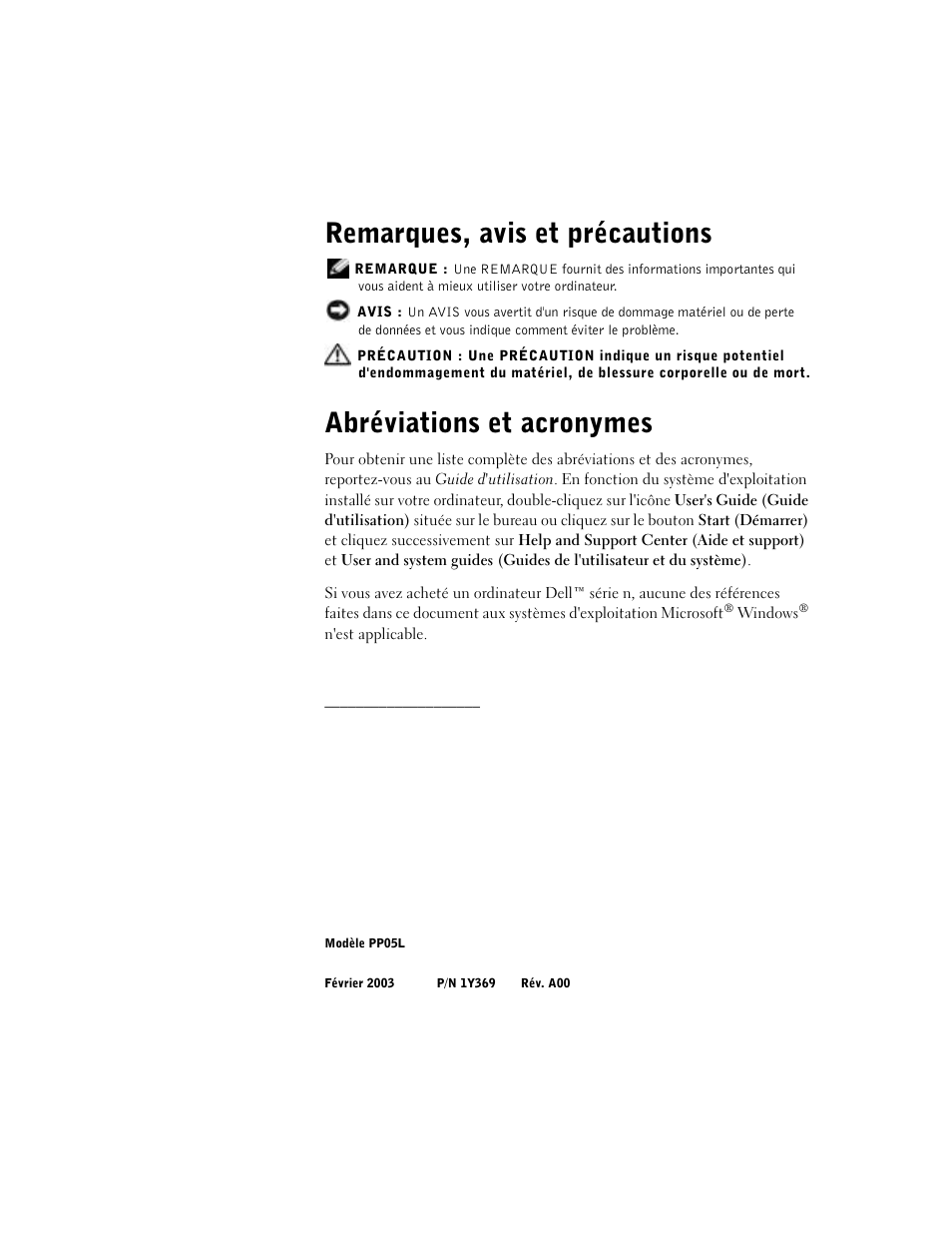 Remarques, avis et précautions, Abréviations et acronymes | Dell Latitude D500 User Manual | Page 58 / 198