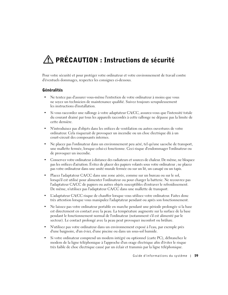 Précaution : instructions de sécurité, Généralités | Dell Latitude D500 User Manual | Page 61 / 198