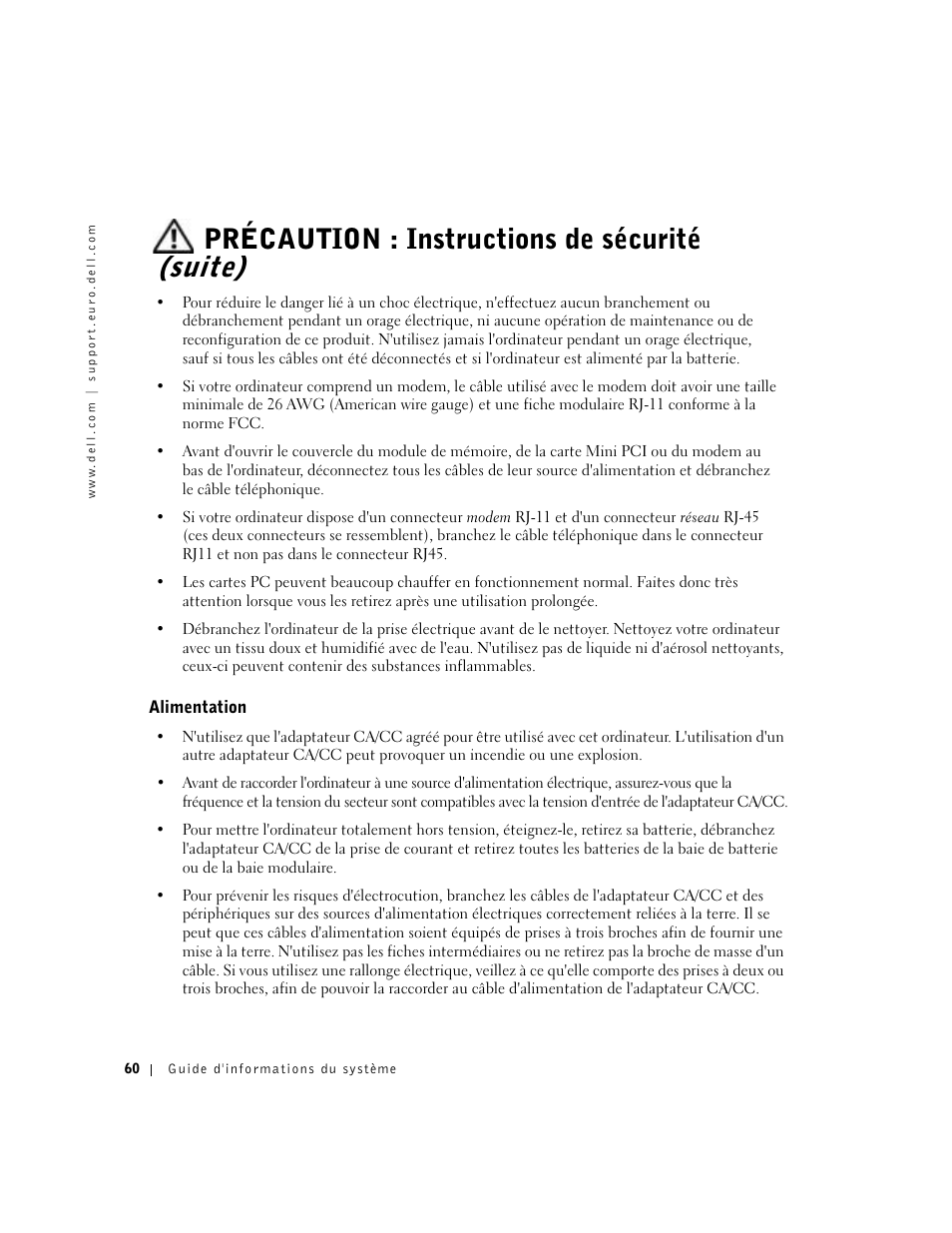 Alimentation, Précaution : instructions de sécurité (suite) | Dell Latitude D500 User Manual | Page 62 / 198