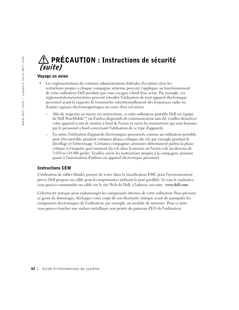 Voyage en avion, Instructions cem, Précaution : instructions de sécurité (suite) | Dell Latitude D500 User Manual | Page 64 / 198