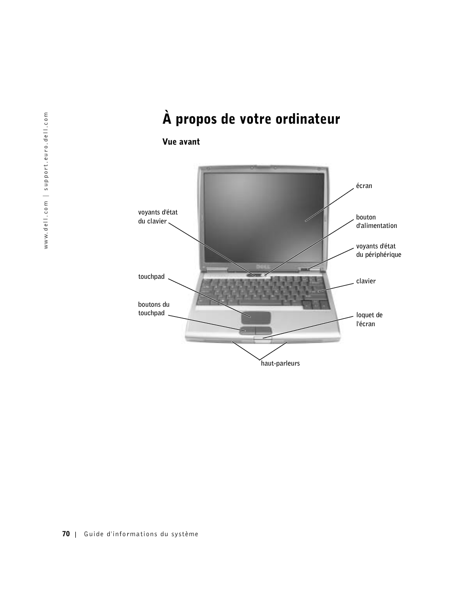 Vue avant, À propos de votre ordinateur | Dell Latitude D500 User Manual | Page 72 / 198