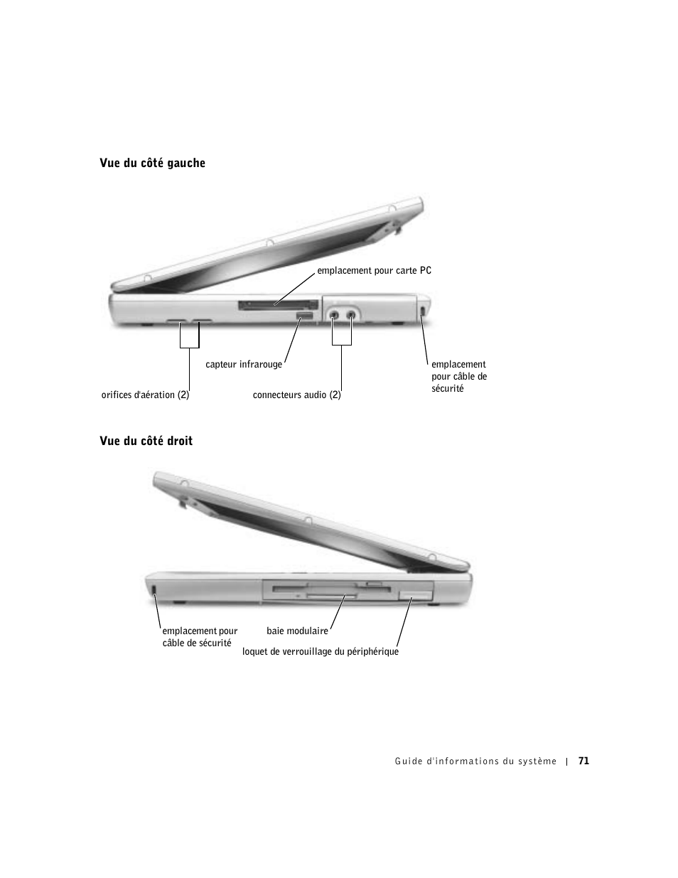 Vue du côté gauche, Vue du côté droit | Dell Latitude D500 User Manual | Page 73 / 198