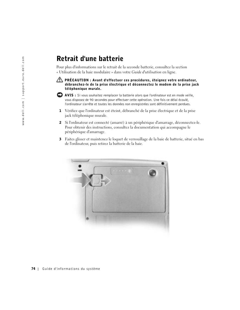 Retrait d'une batterie | Dell Latitude D500 User Manual | Page 76 / 198