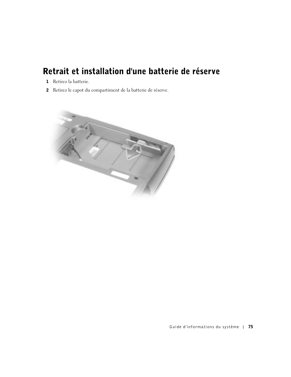 Retrait et installation d'une batterie de réserve | Dell Latitude D500 User Manual | Page 77 / 198