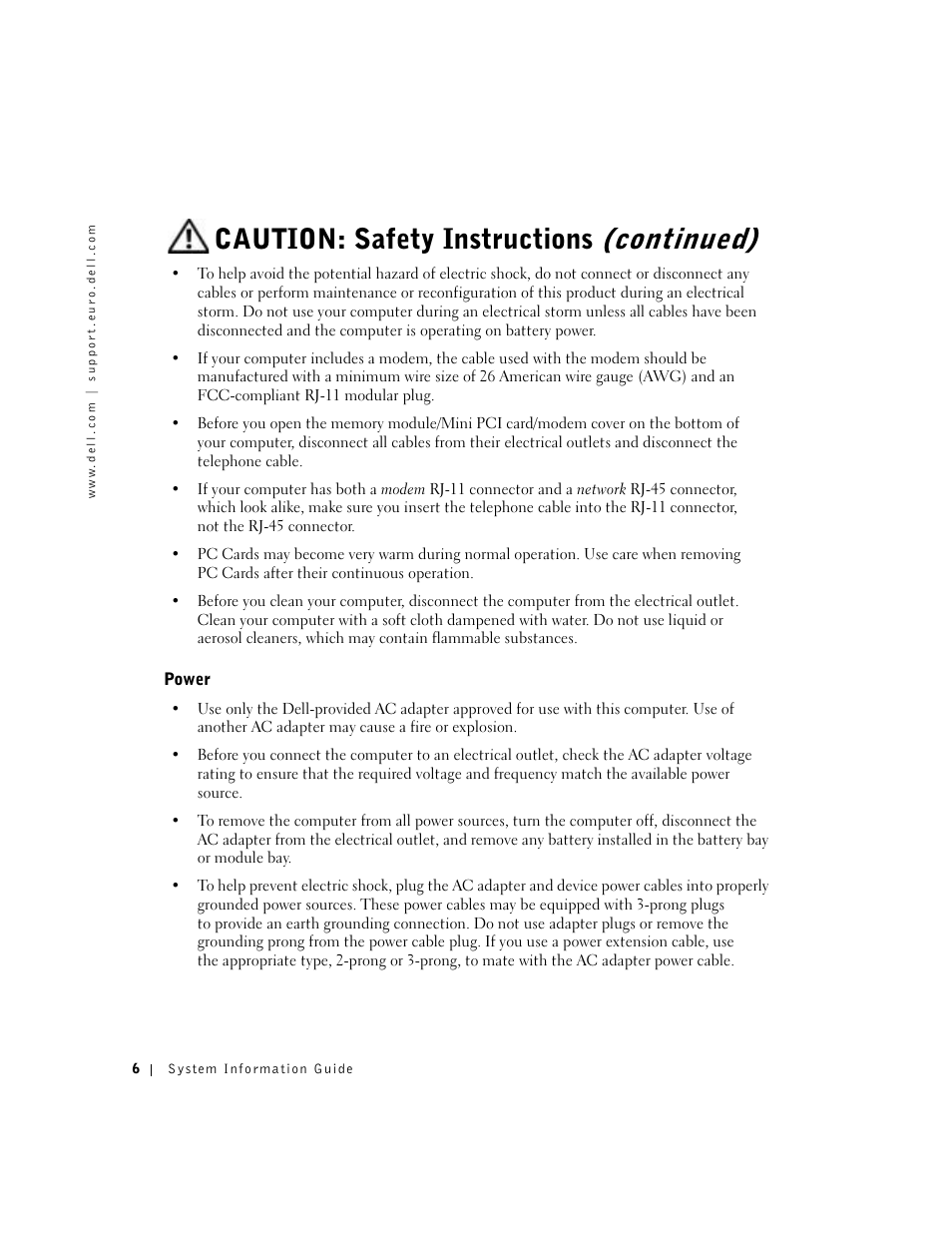 Power, Caution: safety instructions (continued) | Dell Latitude D500 User Manual | Page 8 / 198