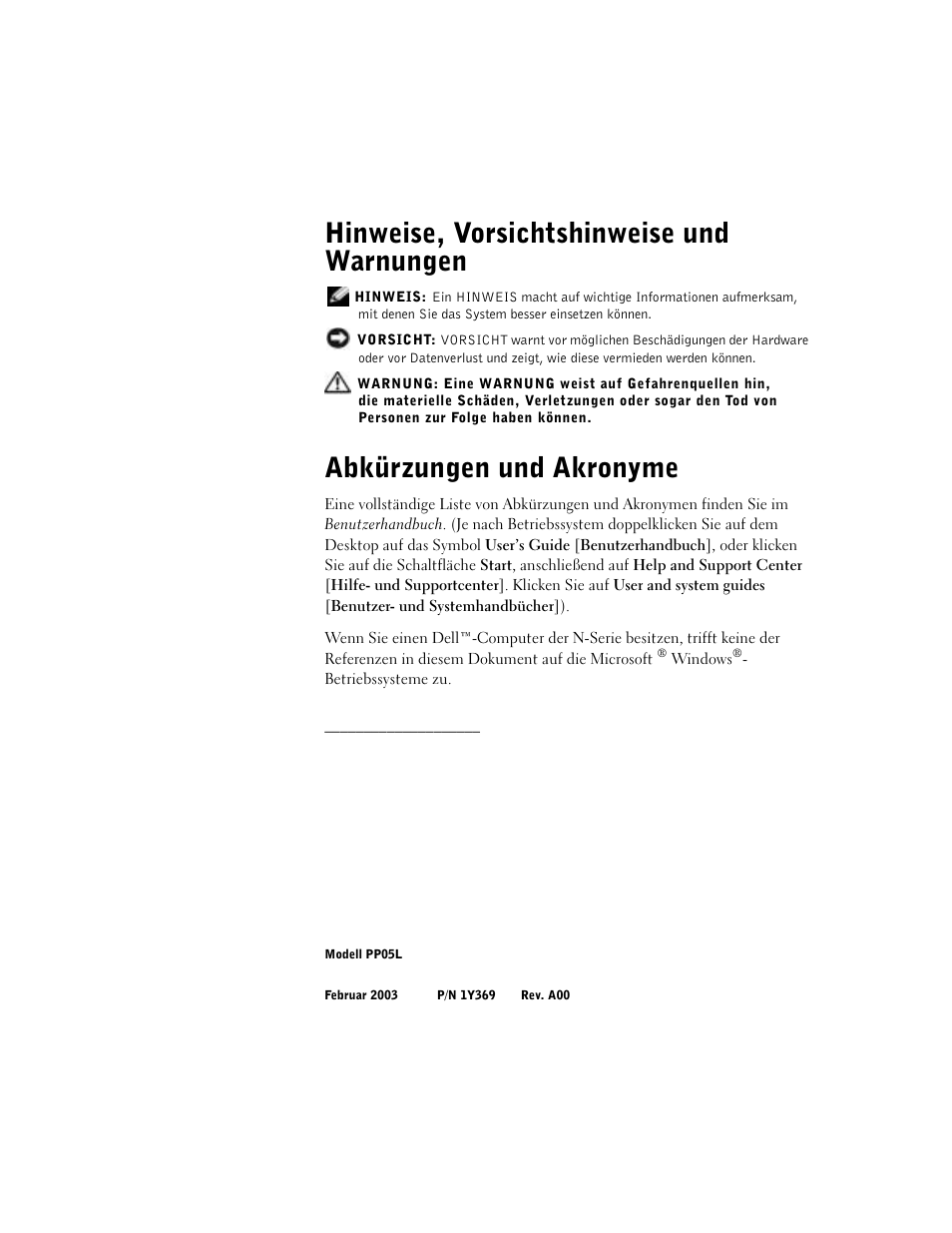 Hinweise, vorsichtshinweise und warnungen, Abkürzungen und akronyme | Dell Latitude D500 User Manual | Page 86 / 198