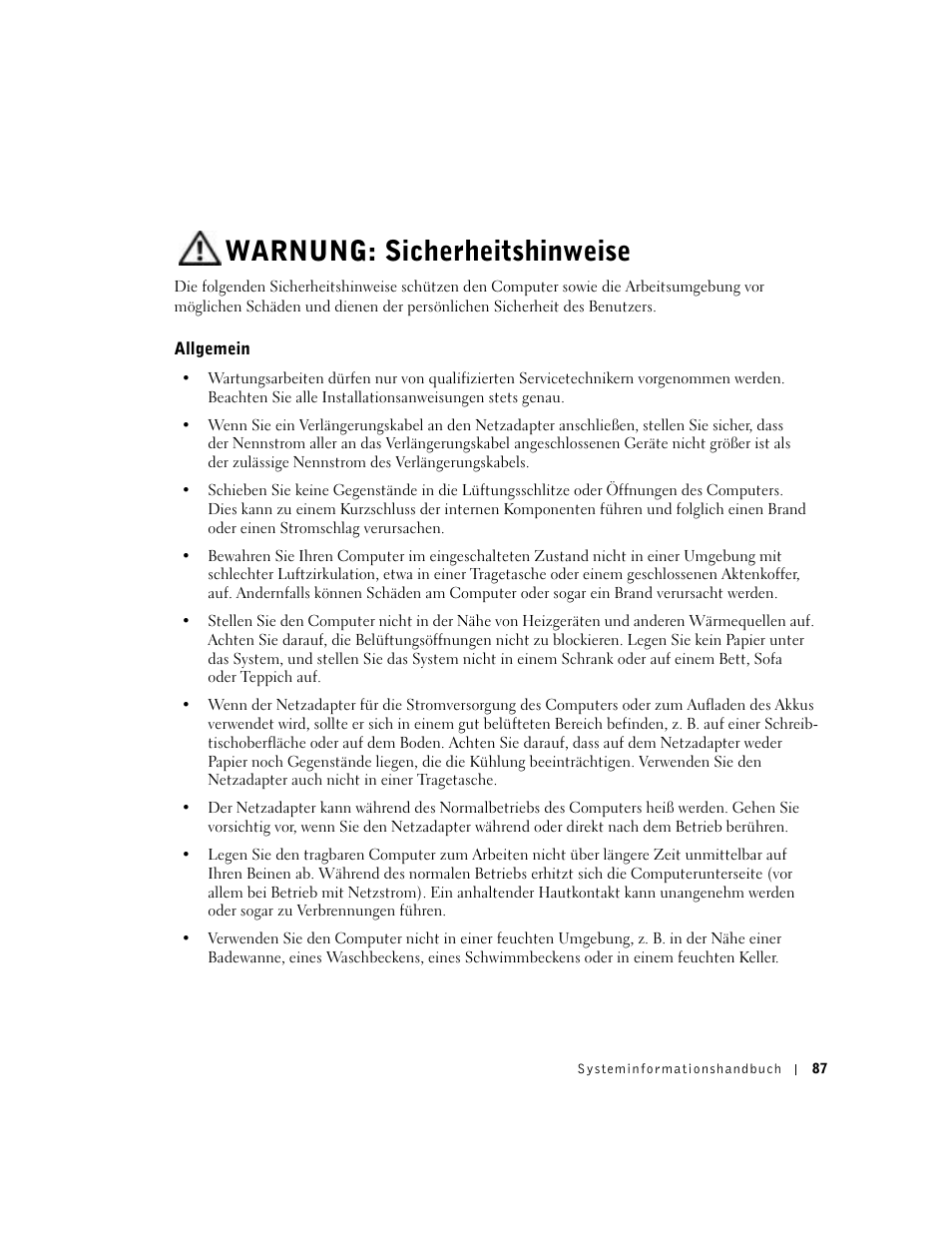 Warnung: sicherheitshinweise, Allgemein | Dell Latitude D500 User Manual | Page 89 / 198